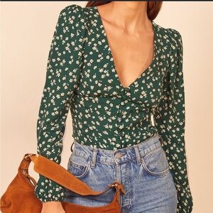 Reformation Green Floral Blouse